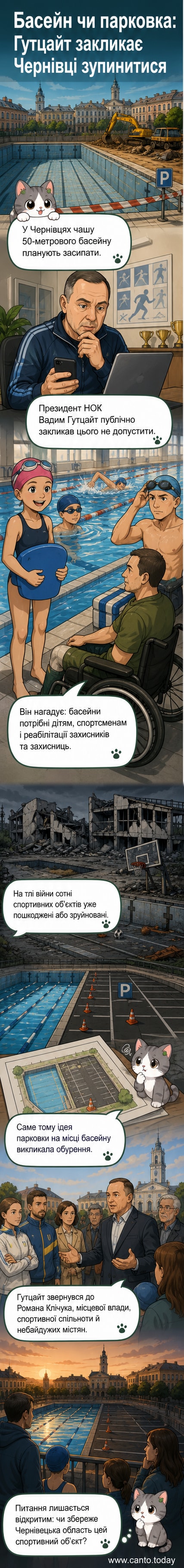 Зображення 50-метрового басейну в Чернівцях, який можуть засипати під парковку, з фоном міської забудови
