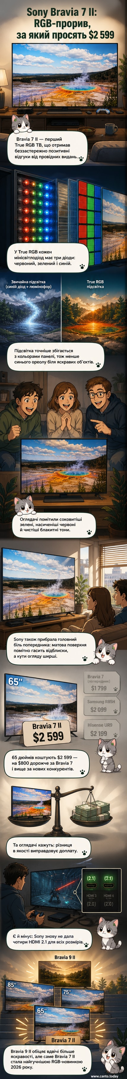 Sony Bravia 7 II — тонкий LCD-телевізор із підсвіткою True RGB, встановлений на підставці в темній кімнаті з яскравим, насиченим зображенням на екрані.