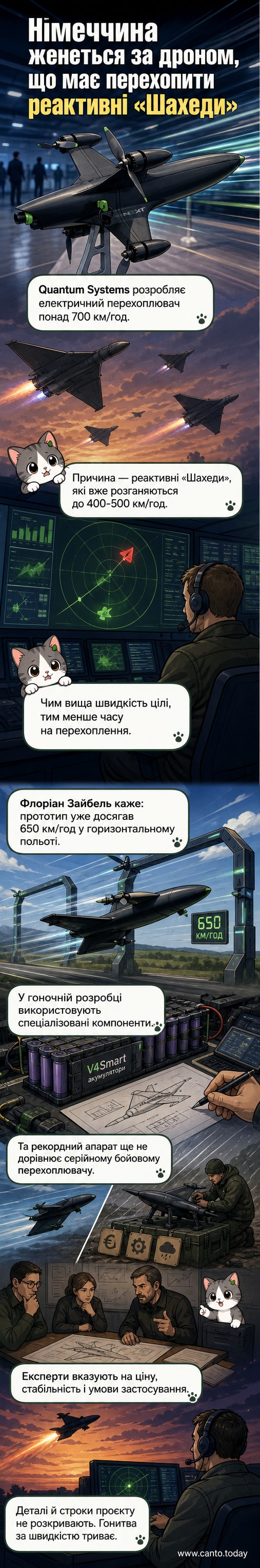 Ілюстрація: два безпілотники у повітряному перегоні — один темний, реактивний типу 'Шахед', інший — стилізований німецький електричний дрон з позначкою швидкості 700+ км/год