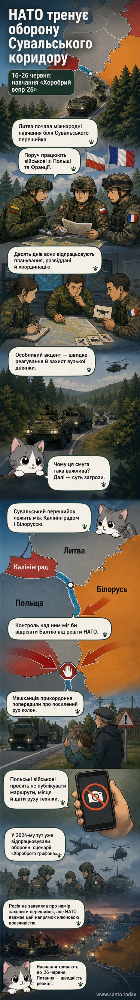 Військові колони на навчаннях «Хоробрий вепр 26» рухаються лісовими дорогами Сувальського коридору, на тлі прапорів Литви, Польщі та Франції