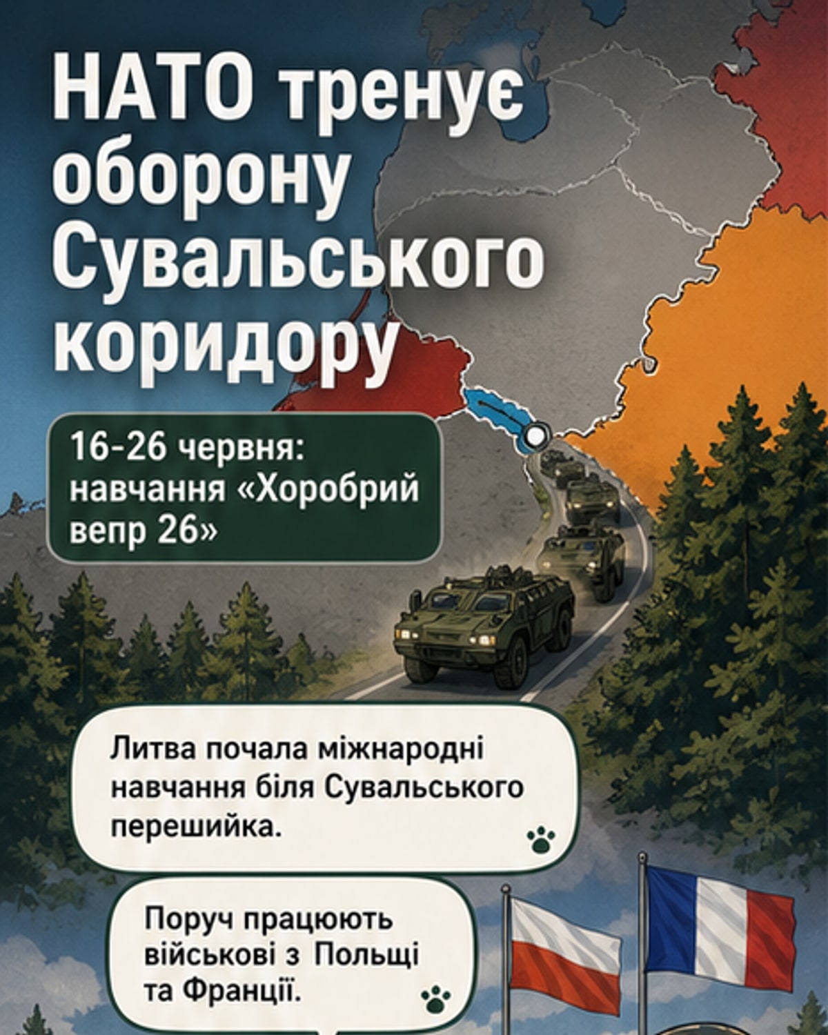 Військові колони на навчаннях «Хоробрий вепр 26» рухаються лісовими дорогами Сувальського коридору, на тлі прапорів Литви, Польщі та Франції