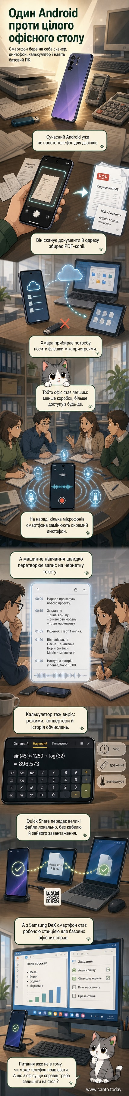 Анімація, що показує, як Android-смартфон поступово замінює різні офісні пристрої: сканер, диктофон, калькулятор, флешку та комп’ютер.