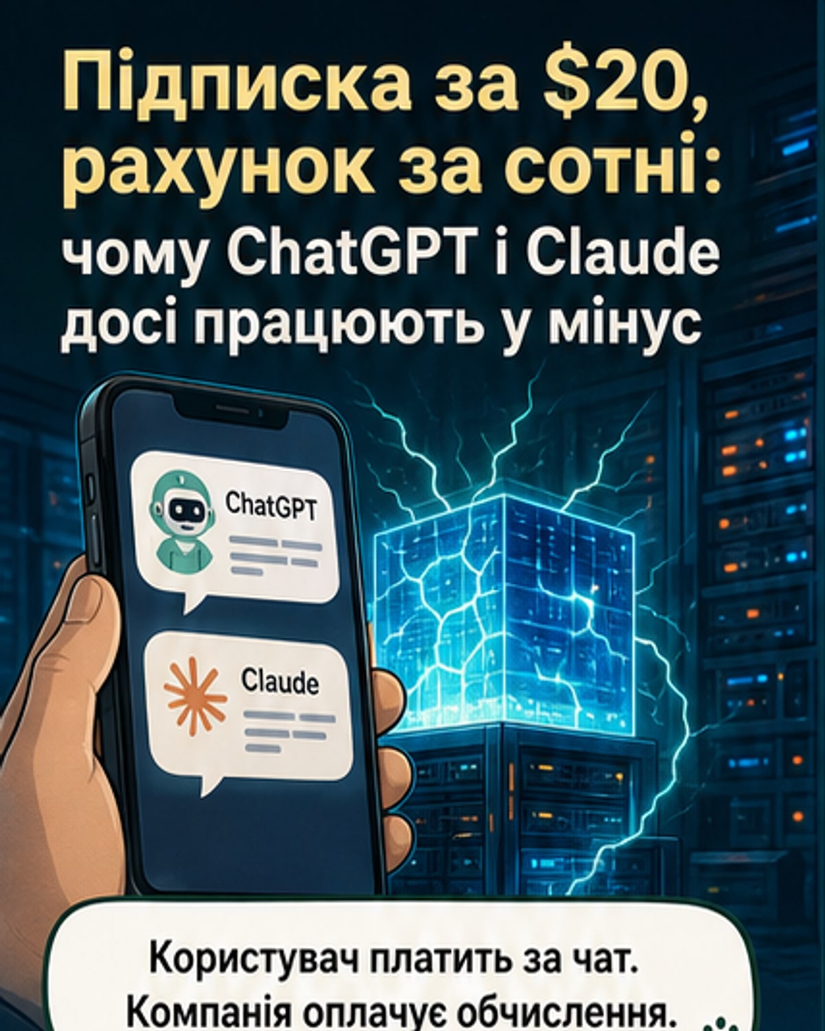 Ілюстрація: дві цифрові хмарки — одна з логотипом ChatGPT, інша — Claude, зі стрілками витрат, що вказують на величезні суми, тоді як користувач платить невелику підписку.