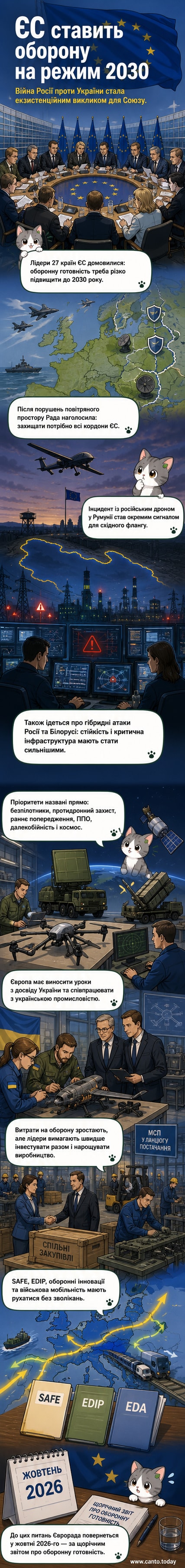 Карта Європи з позначками військових кордонів, безпілотників і напрямків загроз; символічні фігури лідерів ЄС на зустрічі.