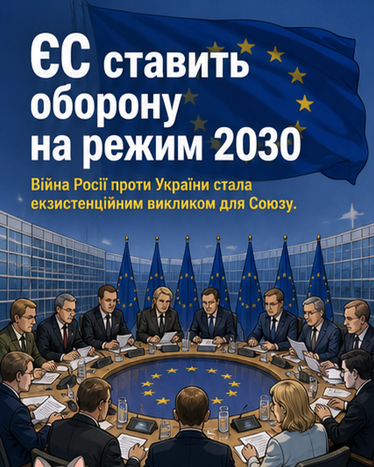 Карта Європи з позначками військових кордонів, безпілотників і напрямків загроз; символічні фігури лідерів ЄС на зустрічі.