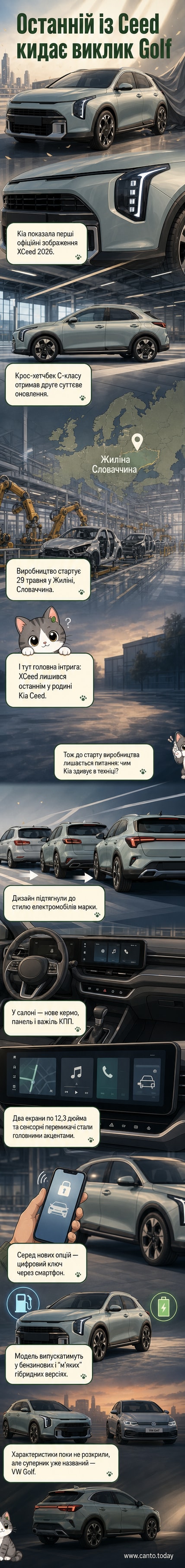 Офіційне зображення оновленого Kia XCeed 2026 спереду під кутом, показує широку решітку радіатора, вертикальні фари та сучасний дизайн бампера на тлі асфальту.