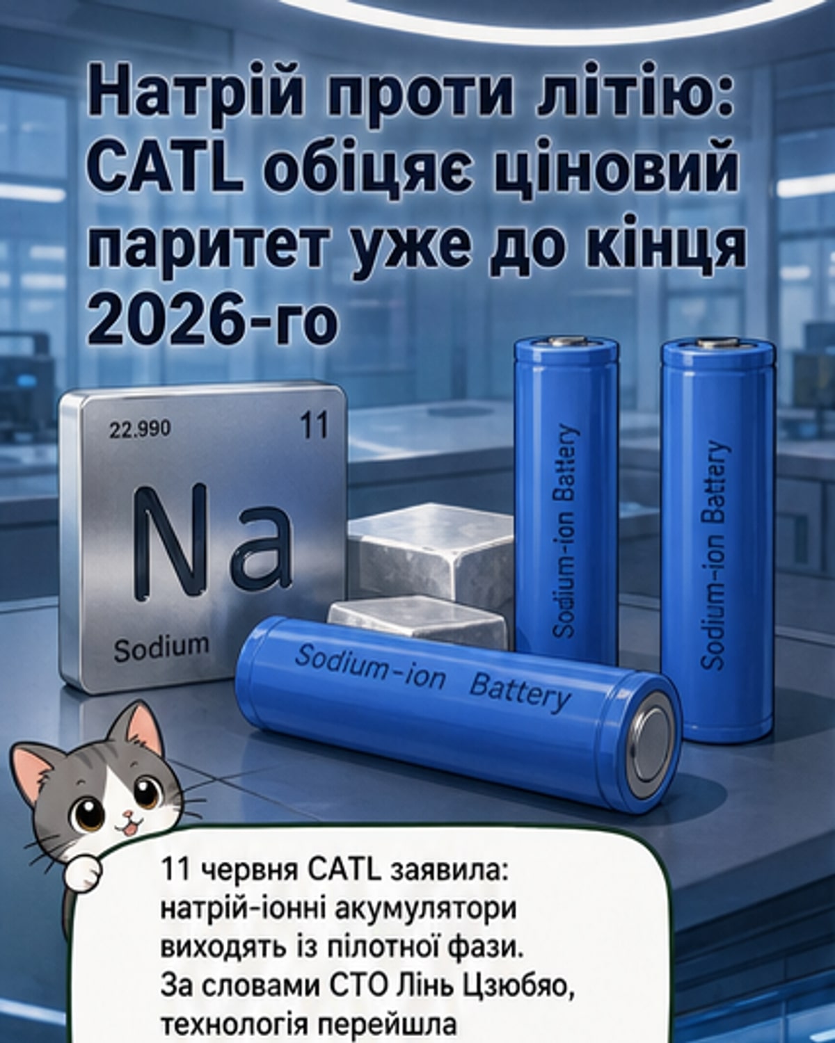 Ілюстрація двох акумуляторів — літій-іонного та натрій-іонного — поруч, з позначками цін та датою 2026 року, що символізує наближення цінового паритету.