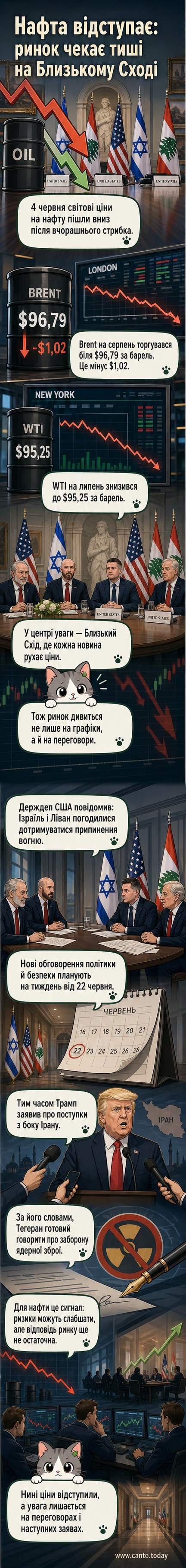 Графік ціни на нафту, що падає на тлі флагштоків Ізраїлю та Лівану, з фоном переговорів у Вашингтоні
