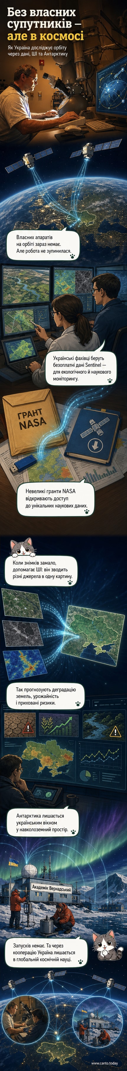 Ілюстрація: українські науковці аналізують супутникові дані на фоні Землі з космосу, зі схематичними елементами штучного інтелекту та станції «Академік Вернадський» в Антарктиці.