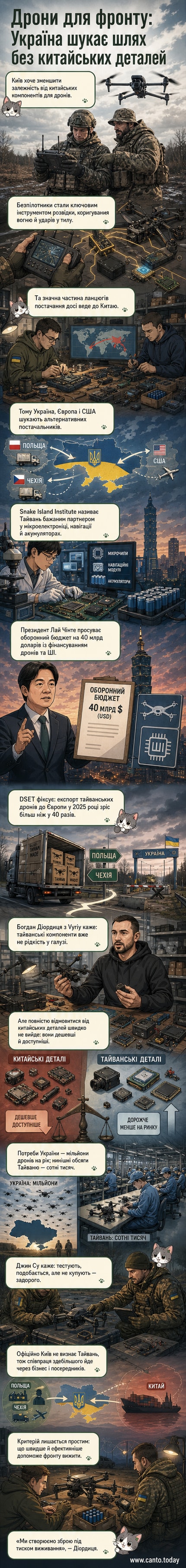 Ілюстрація: український FPV-дрон у польоті над полем бою, на фоні силуетів фабрик з прапорами України, Тайваню та Китаю — символ ланцюга постачання компонентів.