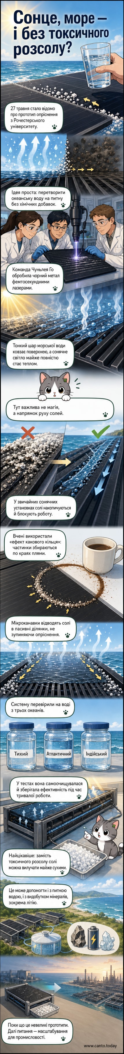 Сонячна панель з текстурованою поверхнею, що випаровує морську воду, зі збірниками солі по краях — ілюстрація до нової системи опріснення.