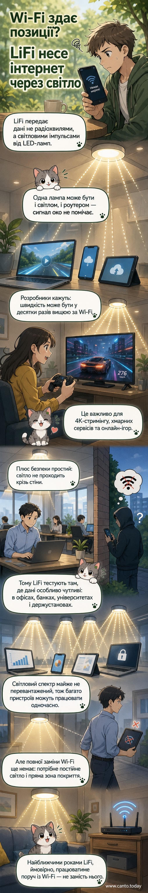 Схематичне зображення LED-лампи, яка випромінює світлові хвилі для передачі даних, з підключенням до смартфона та ноутбука — візуалізація технології LiFi.