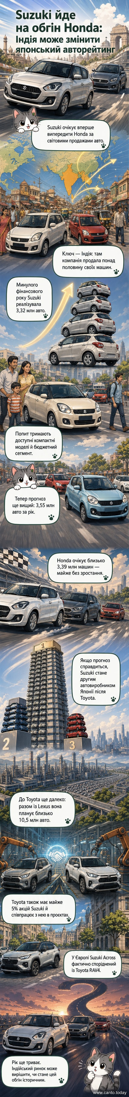 Ілюстрація: дві схожі компактні моделі автомобілів — одна з логотипом Suzuki, інша з Toyota — на фоні індійського міста з масштабними продажами