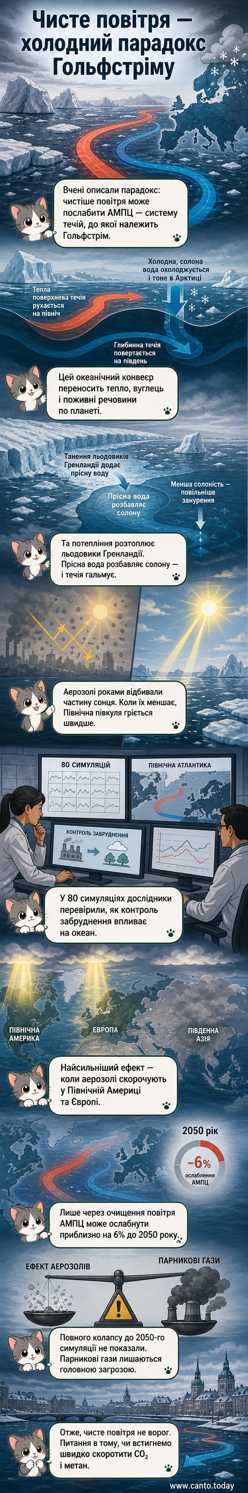 Анімаційна сцена: Гольфстрім як тепла червона течія, що рухається до Європи, тоді як над нею — атмосферні аерозолі, що відбивають сонячне світло. На тлі — танучий льодовик Гренландії.