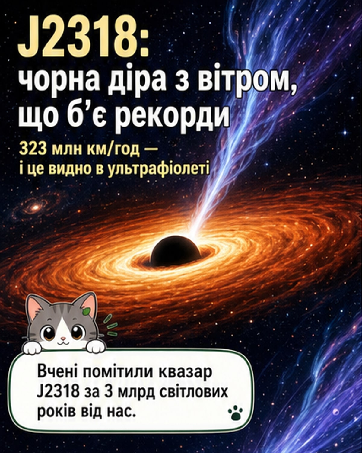 Ілюстрація квазара J2318 з потужними викидами матерії, що утворюють рекордно швидкий вітер у навколишній космічний простір.
