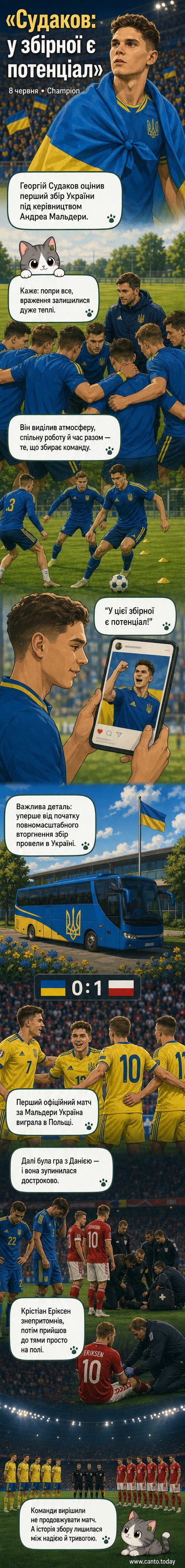 Футболіст Георгій Судаков стоїть на футбольному полі в формі збірної України, дивлячись у камеру, на задньому плані — тренування команди під керівництвом Андреа Мальдери.