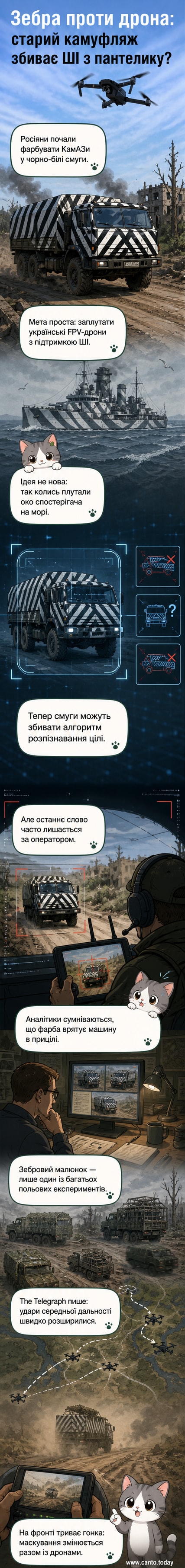 Фото російської вантажівки КамАЗ, пофарбованої в чорно-білі смуги, що нагадують зебру, на фоні польового ландшафту