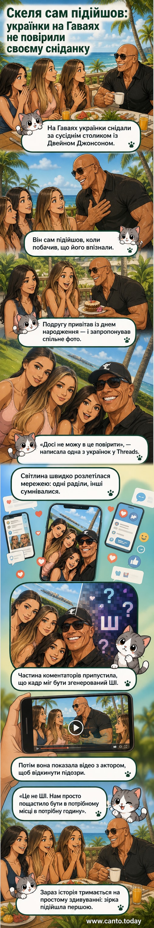 Двейн «Скеля» Джонсон посміхається, стоячи між двома українками на тлі пляжу на Гаваях, під час спільної фотографії