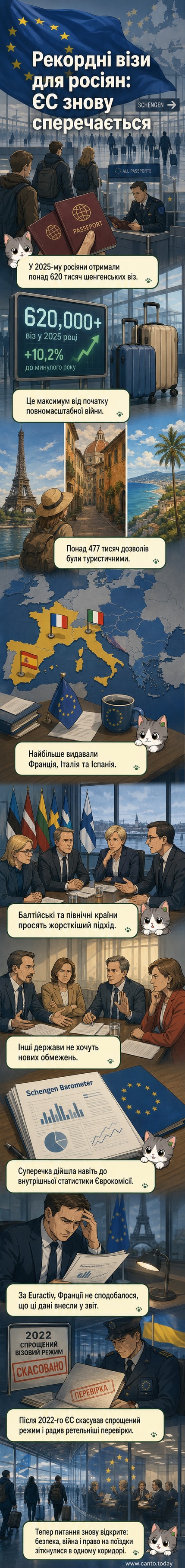 Карта ЄС з прапорами країн, де найбільше видано шенгенських віз росіянам: Франція, Італія, Іспанія