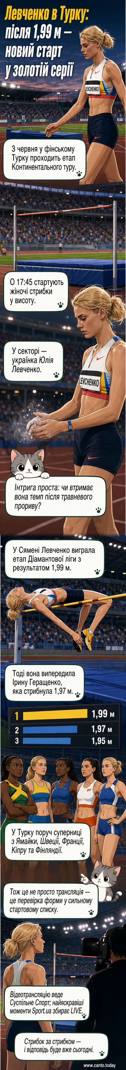 Ілюстрація: українська легкоатлетка Юлія Левченко робить стрибок у висоту на тлі стадіону в фінському Турку, навколо — глядачі та інші учасниці змагань.