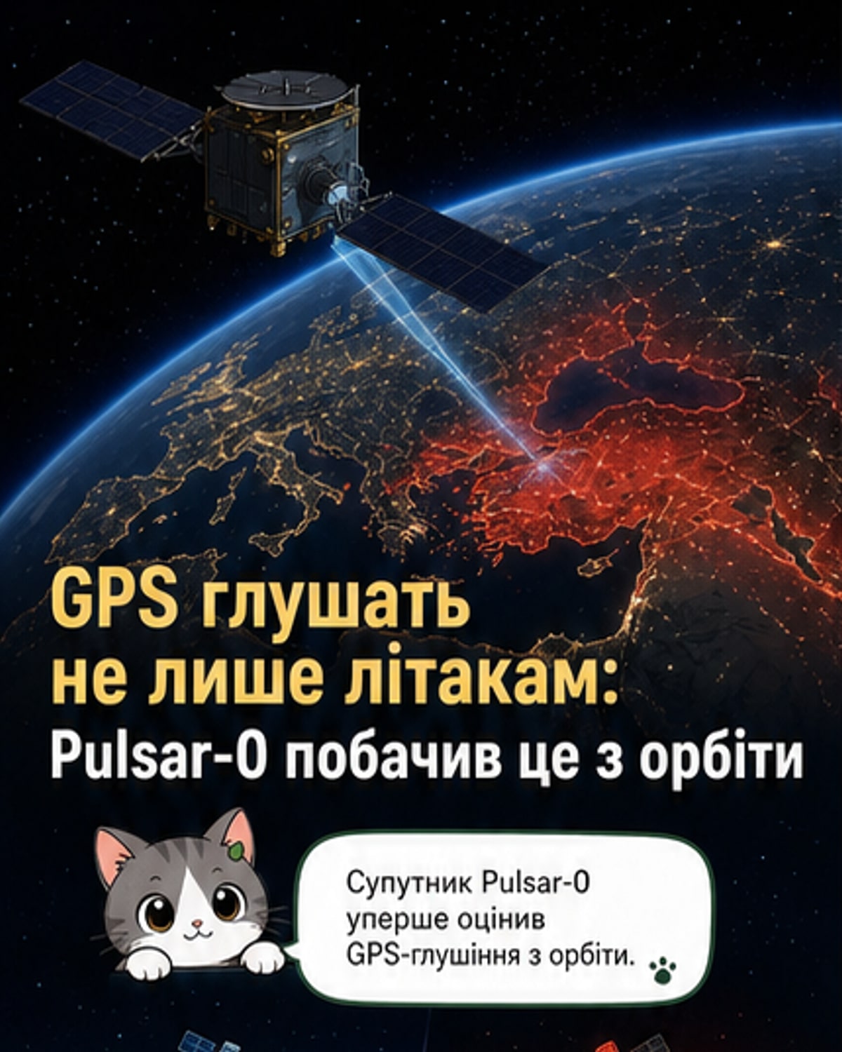 Ілюстрація: супутник на орбіті Землі, з якого виходять хвилі даних, тоді як над Європою та Близьким Сходом показано зони радіоелектронного глушіння.