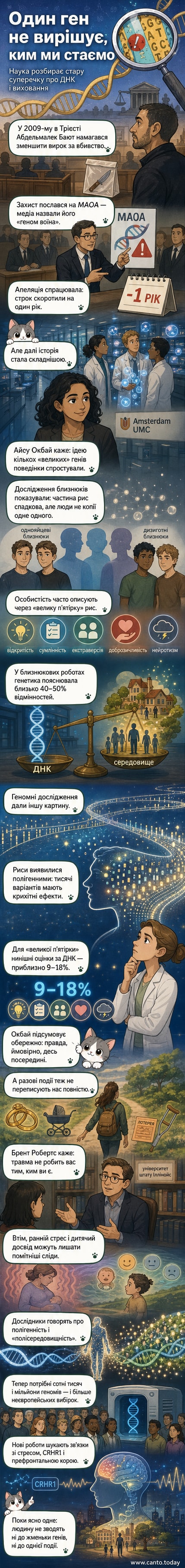Ілюстрація ДНК-спіралі поряд із силуетами двох людей, що виходять з одного джерела, але рухаються різними шляхами — символ складного поєднання генів і середовища в формуванні особистості.