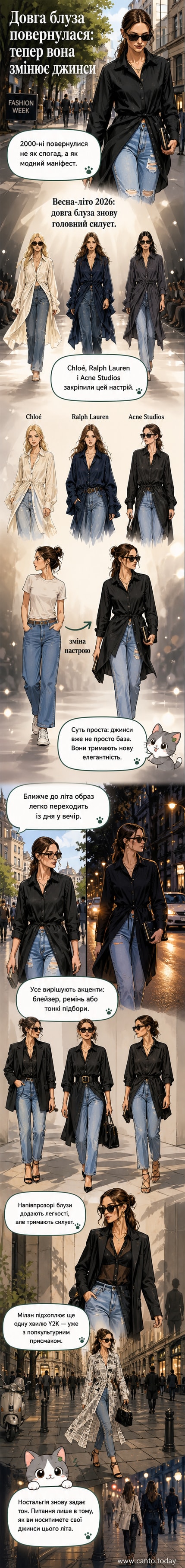 Жінка в довгій блузі та джинсах, демонструє сучасний образ у стилі 2000-х на тлі міської вулиці