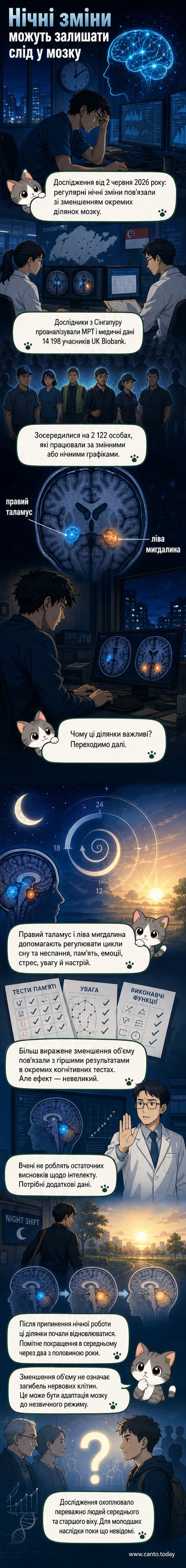 Ілюстрація мозку з підсвіченими ділянками — таламусом і мигдалеподібною залозою — з позначками змін після нічних змін