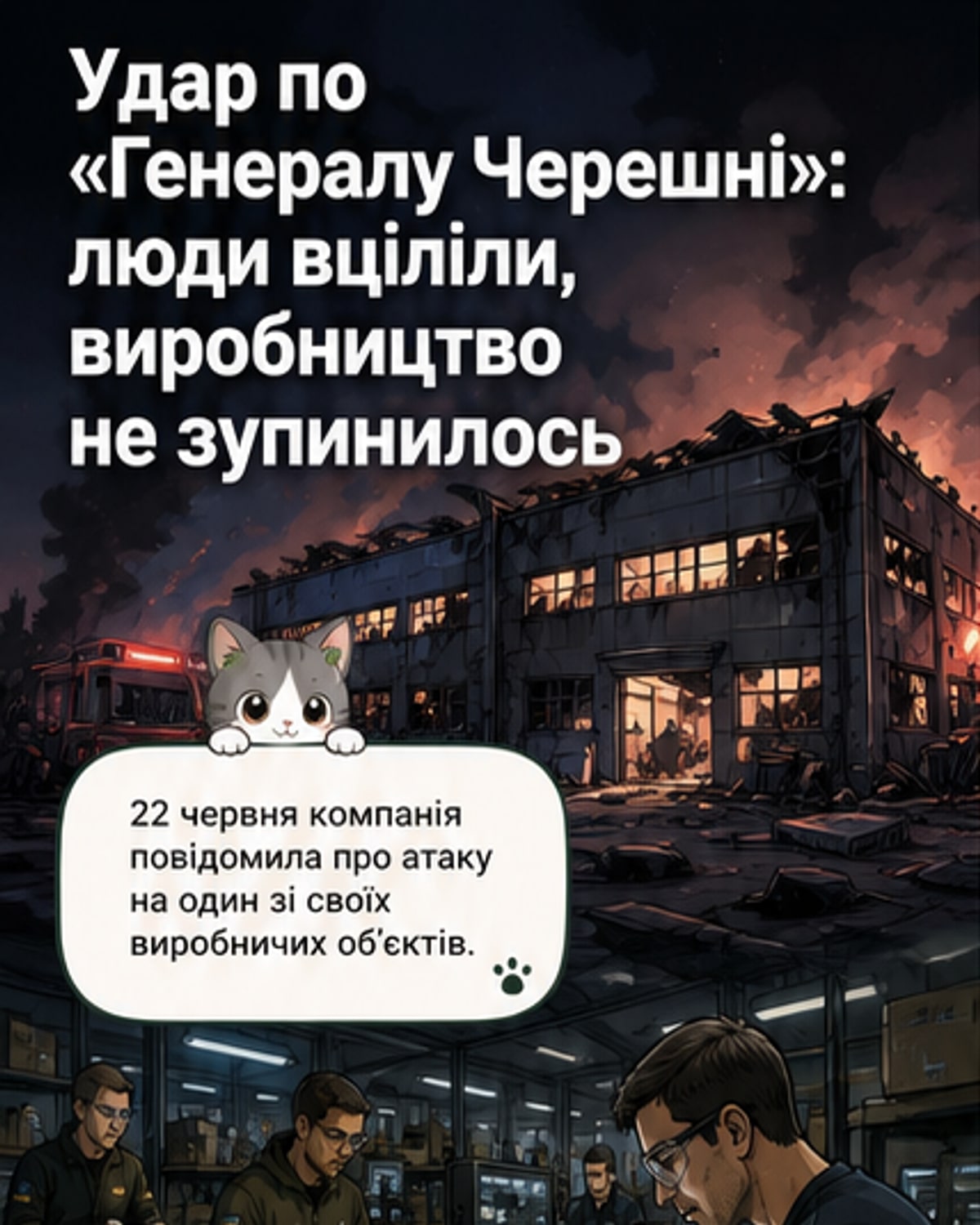 Зображення руйнувань після атаки на завод дронів «Генерал Черешня» з логотипом компанії на фоні