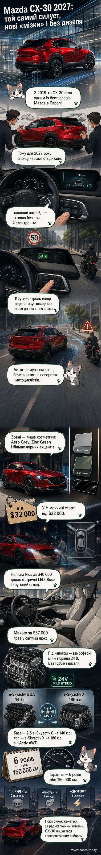 Оновлений кросовер Mazda CX-30 2027 року на фоні міського пейзажу, з акцентом на сучасний інтер'єр і світлі фари