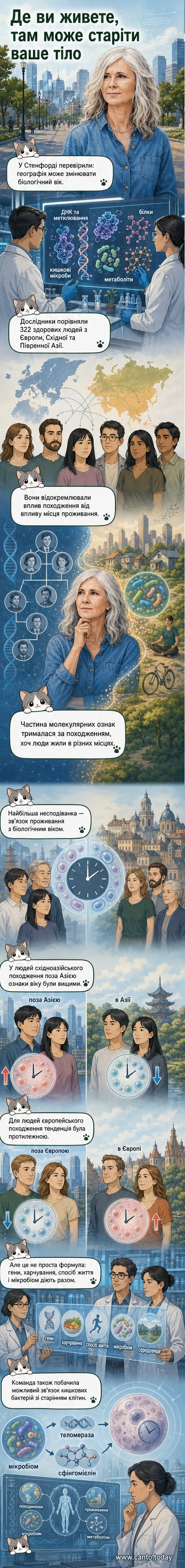 Абстрактна ілюстрація людини з підсвіченими клітинами та географічними мітками, що показує вплив місця проживання на біологічне старіння