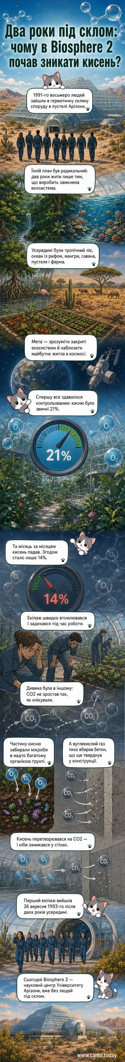Скляна споруда Biosphere 2 у пустелі Арізони, де у 1991–1993 роках жили вісім людей у замкненій екосистемі