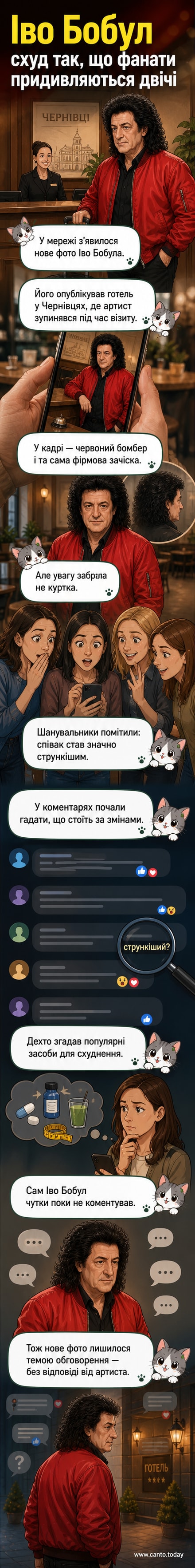 Іво Бобул на фото біля рецепції готелю в Чернівцях у червоному бомбері, з помітно схудлою фігурою