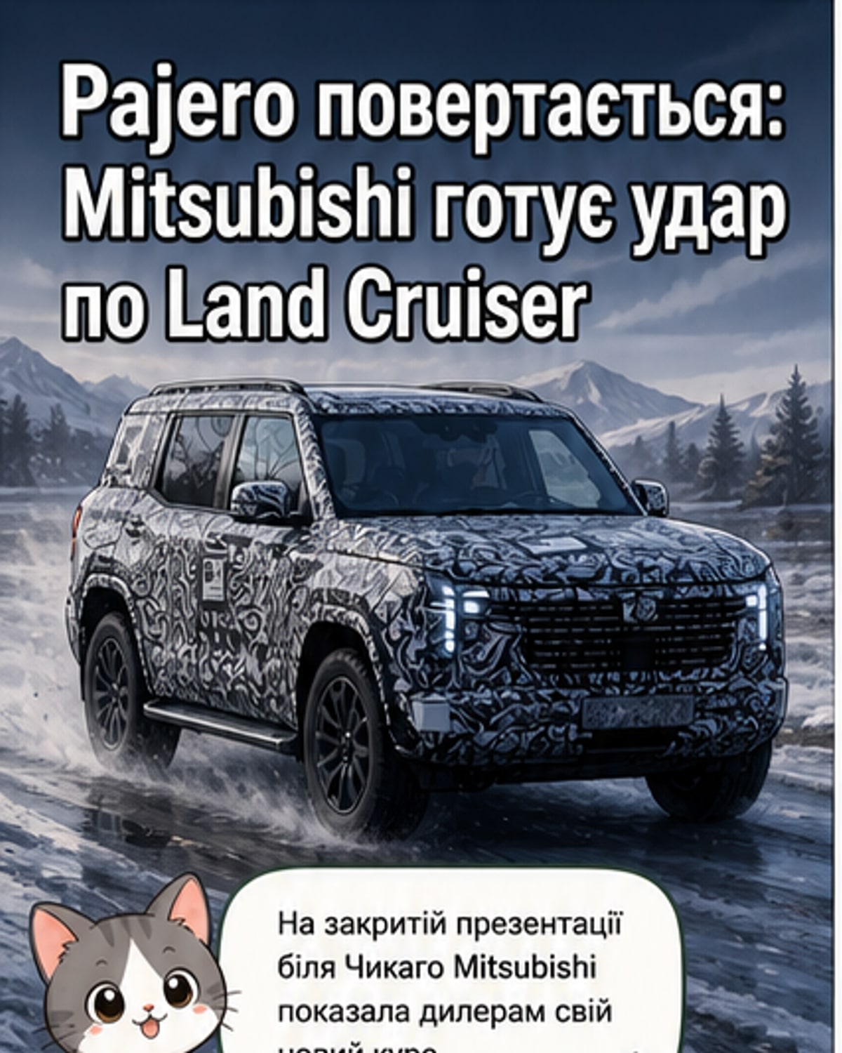 Рендер нового Mitsubishi Pajero з квадратним дизайном, вертикальними фарами та Т-подібними задніми ліхтарями, на бездорожжі