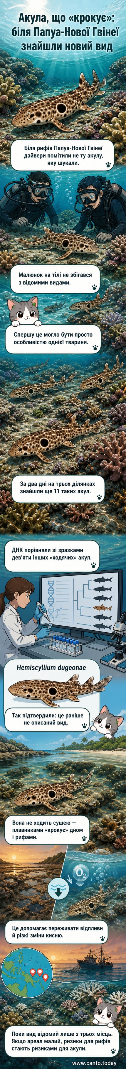 Ілюстрація нової «ходячої» акули Hemiscyllium dugeonae на фоні коралового рифу біля Папуа-Нової Гвінеї, з акцентом на її плавниках, які використовуються для пересування по дні.
