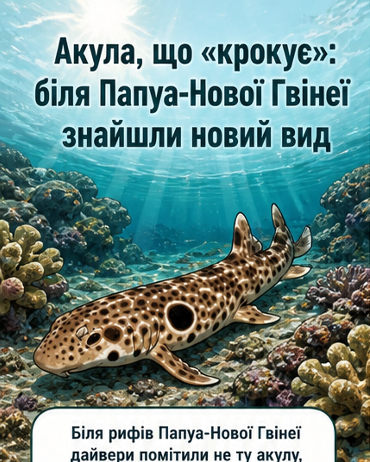 Ілюстрація нової «ходячої» акули Hemiscyllium dugeonae на фоні коралового рифу біля Папуа-Нової Гвінеї, з акцентом на її плавниках, які використовуються для пересування по дні.