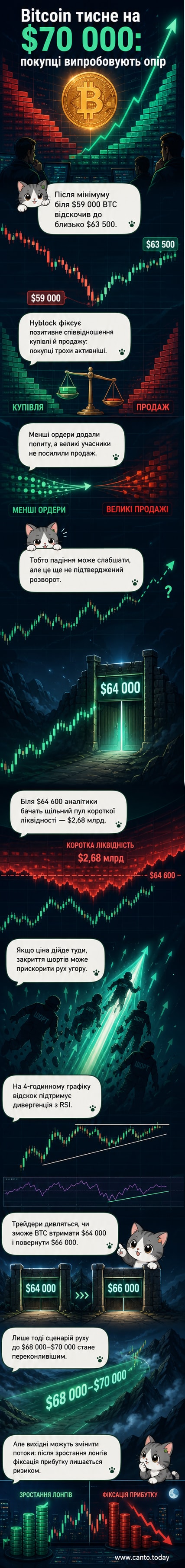 Ілюстрація біткоїна, що піднімається вгору з позначкою $70 000, на тлі графіка з книгою ордерів і свічками
