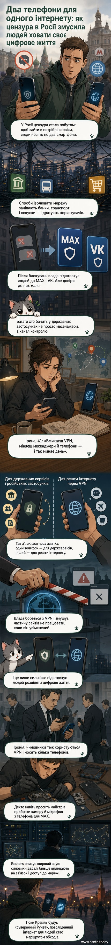 Два смартфони поруч: один з інтерфейсом російського месенджера MAX, інший — з активним VPN-з’єднанням до закордонного сервера. На задньому плані — силует Кремля та піктограми заблокованих сервісів.