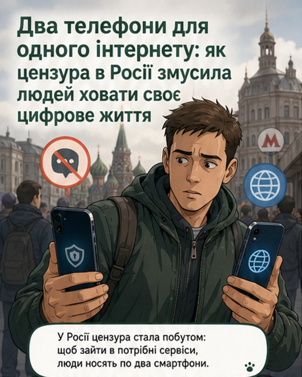 Два смартфони поруч: один з інтерфейсом російського месенджера MAX, інший — з активним VPN-з’єднанням до закордонного сервера. На задньому плані — силует Кремля та піктограми заблокованих сервісів.