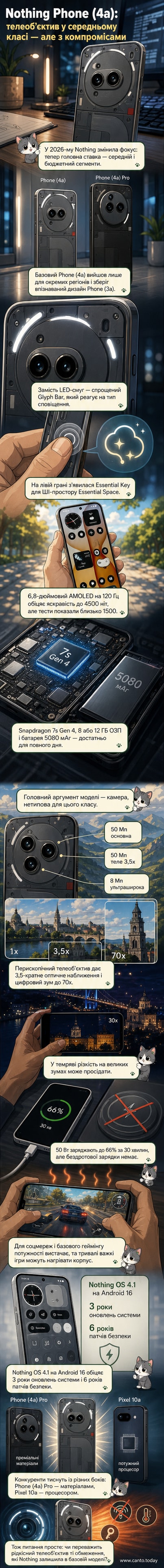Nothing Phone (4a) з прозорою задньою панеллю та трьома камерами, розміщений на білій поверхні