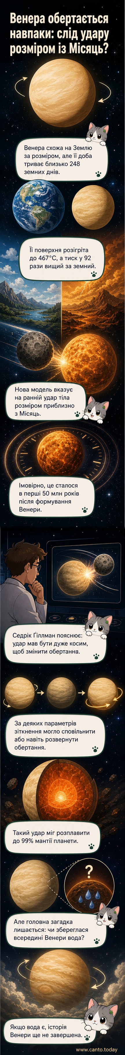 Ілюстрація зіткнення молодої Венери з великим космічним тілом, що призводить до зміни напрямку її обертання та розплавлення мантії.