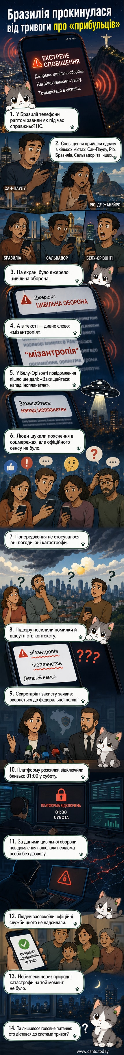 Екран мобільного телефону з попередженням: «Захищайтеся: напад інопланетян, люди, ми прибули, мізантроп»