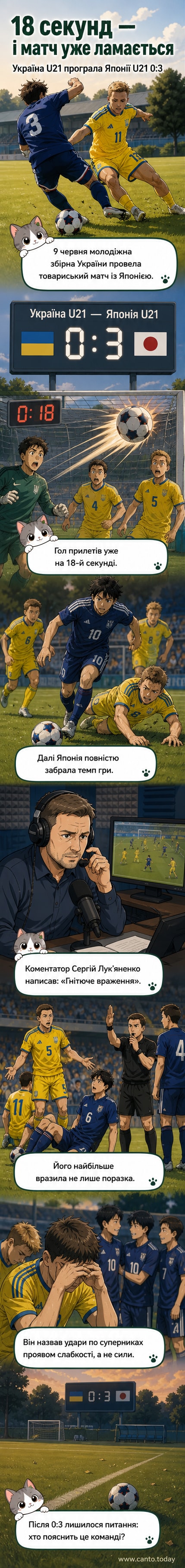 Футбольне поле під дощем, гравці молодіжної збірної України стоять розчаровано після пропущеного м'яча, на табло — 0:3.