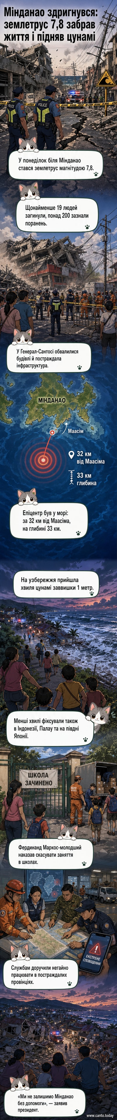 Руйнування після землетрусу на Філіппінах: пошкоджені будівлі, евакуація людей на узбережжі під час цунамі.