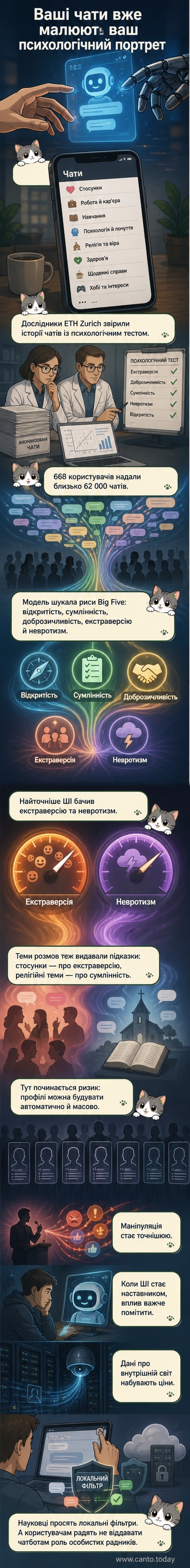 Ілюстрація: людина друкує в чаті з ШІ, тоді як алгоритм у фоні аналізує її особистість за словами, відображаючи психологічний портрет у вигляді діаграми.