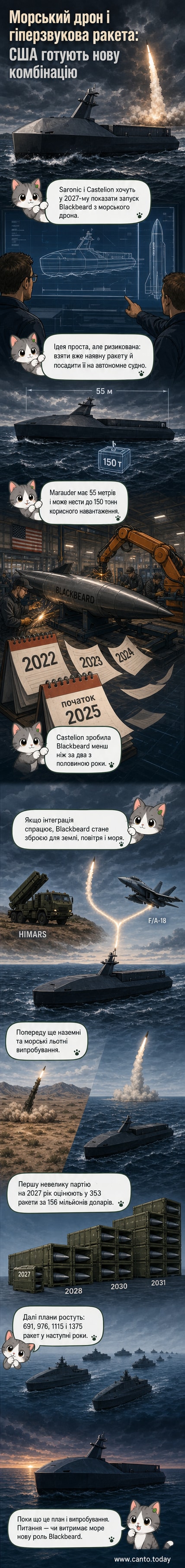 Ілюстрація: морський дрон Marauder з гіперзвуковою ракетою Blackbeard на борту, на тлі океану та неба