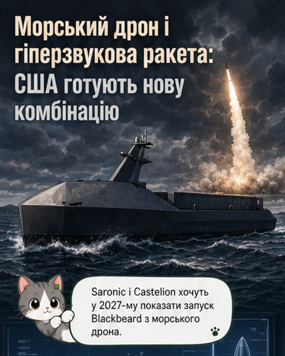 Ілюстрація: морський дрон Marauder з гіперзвуковою ракетою Blackbeard на борту, на тлі океану та неба