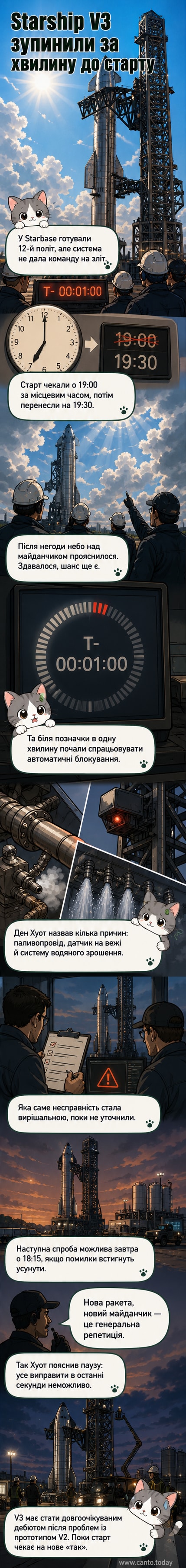 Ілюстрація ракети Starship на стартовому майданчику в Техасі під темним небом, з підсвіченим пусковим пристроєм і системою водяного зрошення, яка починає працювати.
