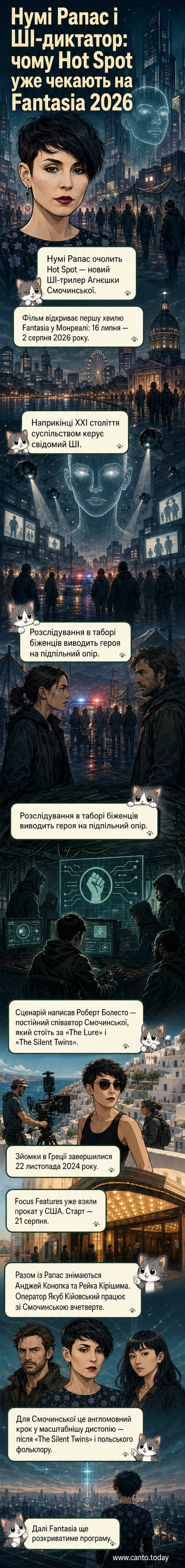 Постер фільму «Hot Spot» із зображенням Нумі Рапас у темному костюмі на фоні неонового міста під контролем штучного інтелекту