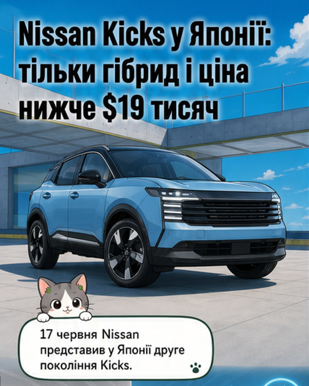 Новий гібридний Nissan Kicks другого покоління на тлі міського пейзажу, з акцентом на електричну силову установку та агресивний дизайн версії Rock Creek